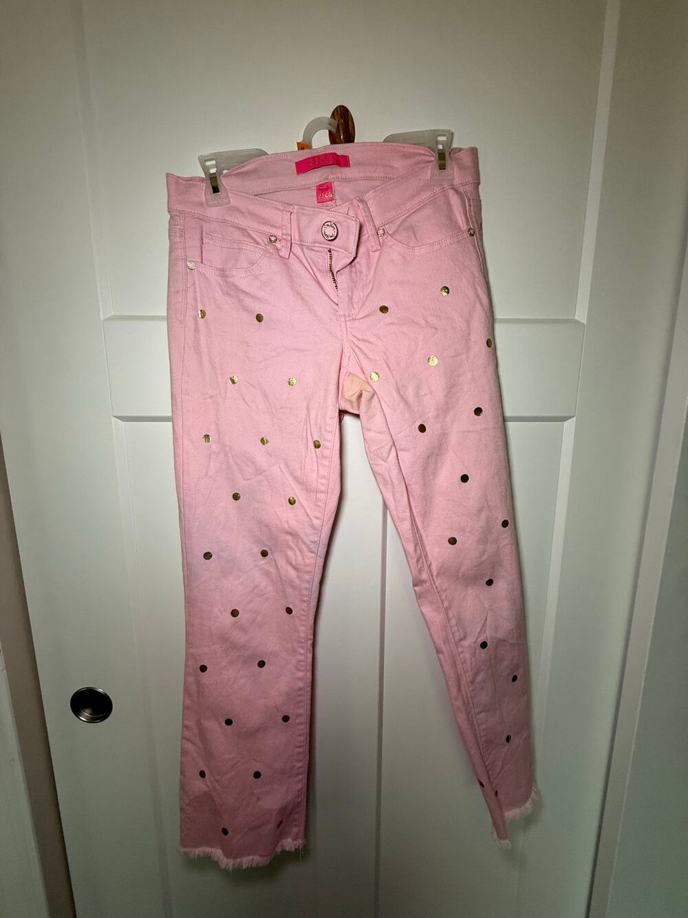 Lilly Pulitzer Pink Gold Polka Dot Skinny Jeans Size 4 Embroidered Logo